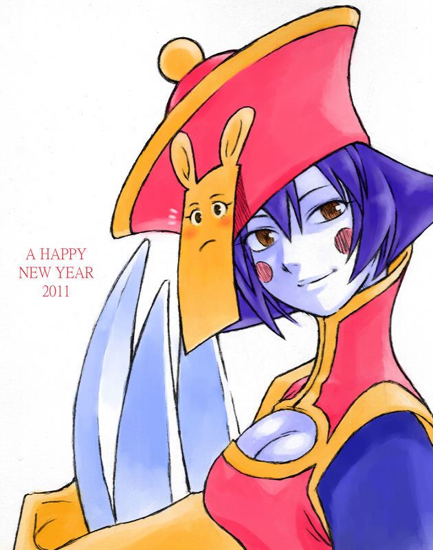 blue_hair blue_skin breasts brown_eyes capcom claws cleavage cleavage_cutout darkstalkers geung_si happy_new_year hat jiangshi lei_lei lips mei_ling new_year smile vampire_(game)