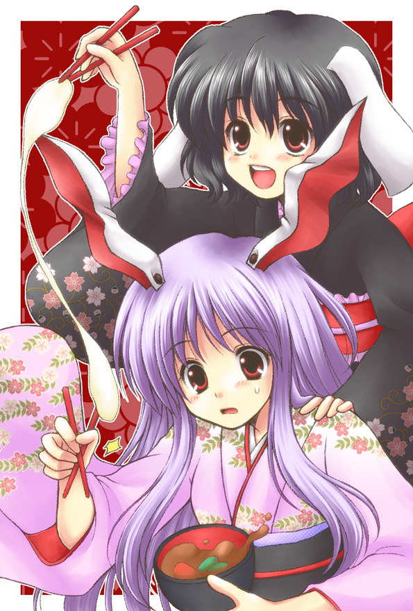 2girls :d alternate_costume animal_ears black_hair bowl bunny_ears chopsticks food hand_on_shoulder inaba_tewi japanese_clothes kimono lavender_hair long_hair mochi multiple_girls obi open_mouth red_eyes reisen_udongein_inaba short_hair smile touhou wagashi