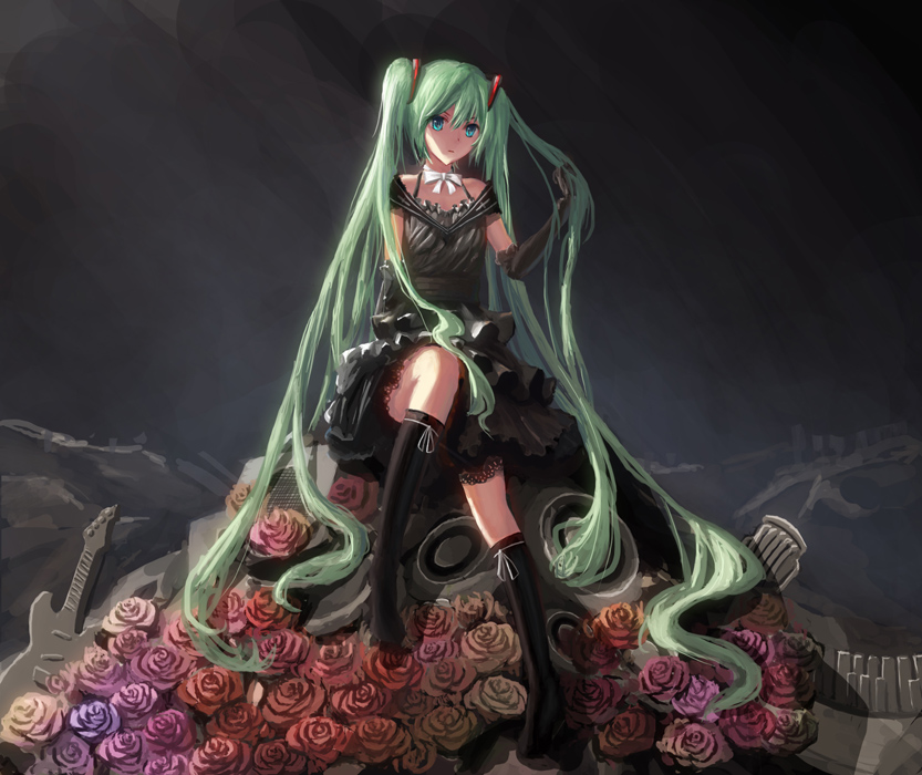 adjusting_hair aqua_eyes bowtie dress elbow_gloves flower formal gloves green_hair guitar hatsune_miku instrument kneehighs long_hair pink_rose purple_rose red_rose rose sitting solo twintails very_long_hair vocaloid yellow_rose zatsuon