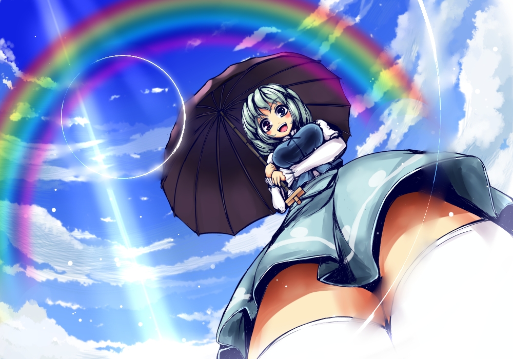 blue_eyes breasts from_below heterochromia looking_at_viewer looking_down open_mouth perspective purple_eyes rainbow red_eyes short_hair smile solo tatara_kogasa thigh-highs thighhighs touhou umbrella umigarasu_(artist) umigarasu_(kitsune1963) white_legwear white_thighhighs zettai_ryouiki