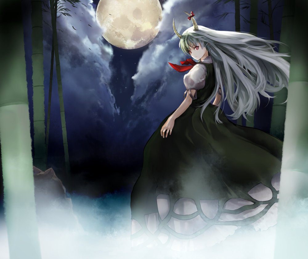 bad_id bamboo bamboo_forest chirigami-san dress ex-keine forest full_moon green_hair hands horn_ribbon horns kamishirasawa_keine long_hair looking_back moon multicolored_hair nature night red_eyes ribbon silver_hair solo touhou white_hair