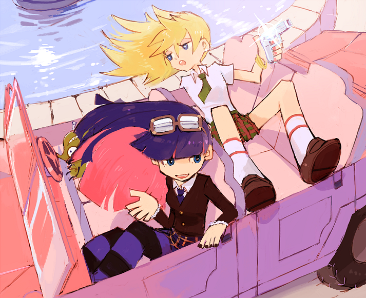blonde_hair chuck chuck_(psg) footwear gun hummer jeep motor_vehicle multicolored_hair multiple_girls necktie panty_&amp;_stocking_with_garterbelt panty_(character) panty_(psg) school_uniform see-through_(jeep) see-through_(psg) socks stocking_(character) stocking_(psg) sumomo4r sunglasses thighhighs two-tone_hair vehicle weapon
