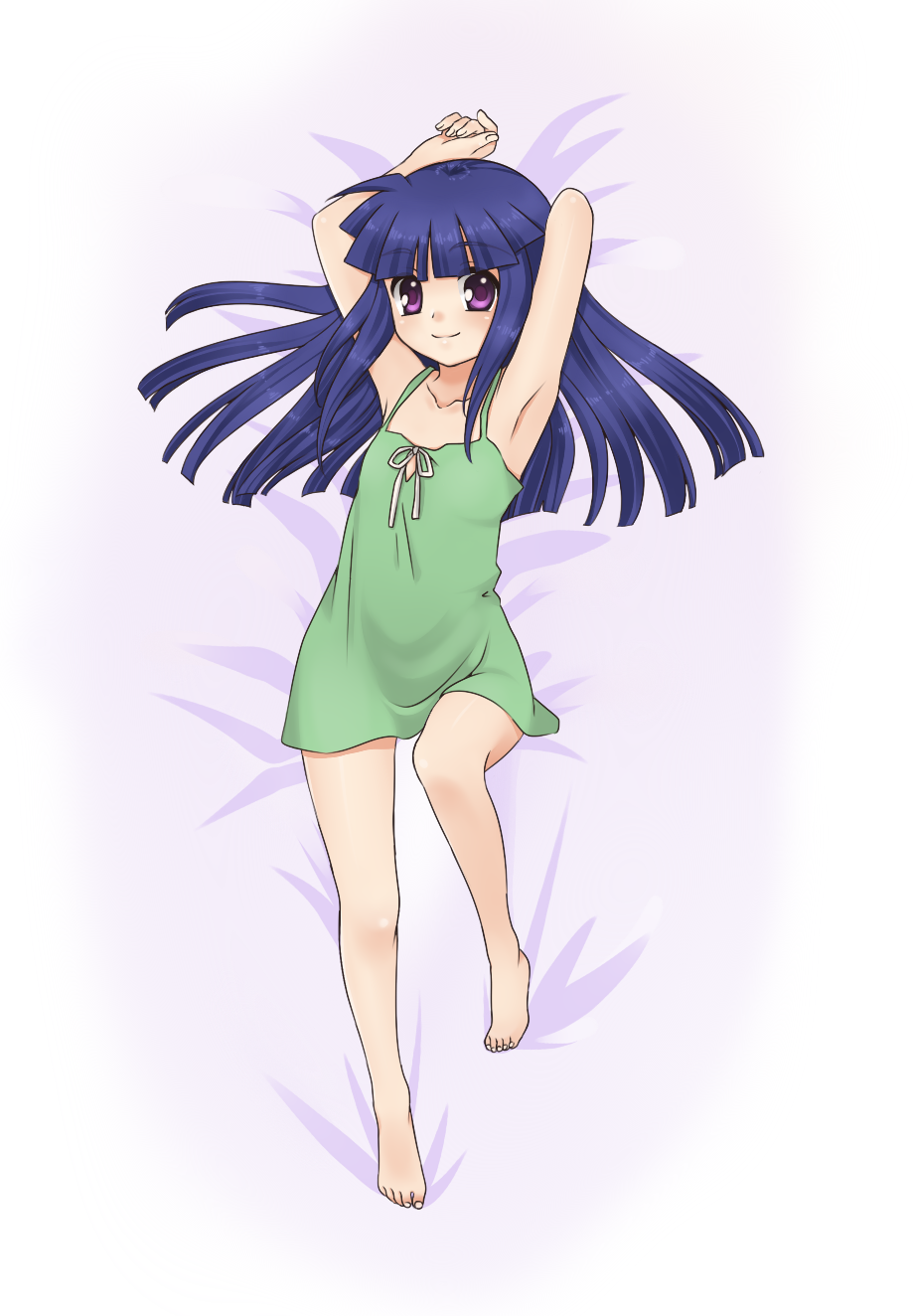 barefoot blue_hair bow dakimakura dress furude_rika highres higurashi_no_naku_koro_ni lmo long_hair lying on_back purple_eyes smile violet_eyes