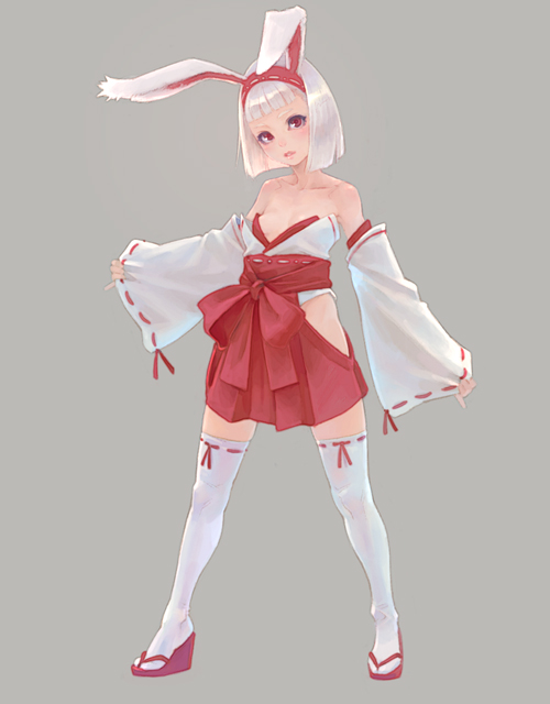 animal_ears bare_shoulders bob_cut bunny_ears detached_sleeves fake_animal_ears hakama hakama_skirt japanese_clothes miko nontraditional_miko original pinching_sleeves red_eyes short_hair simple_background solo tabi thigh-highs thighhighs weno white_hair white_legwear white_thighhighs zettai_ryouiki