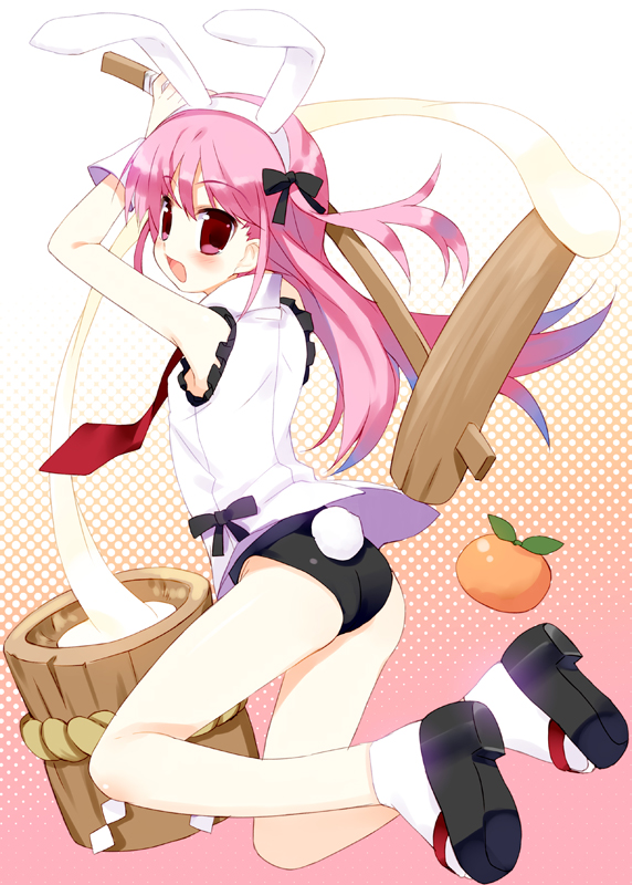 bunny_ears bunny_tail bunnysuit food fruit long_hair mallet mandarin_orange meito_(artist) meito_(maze) mochi new_year original pink_hair solo tail tangerine wagashi