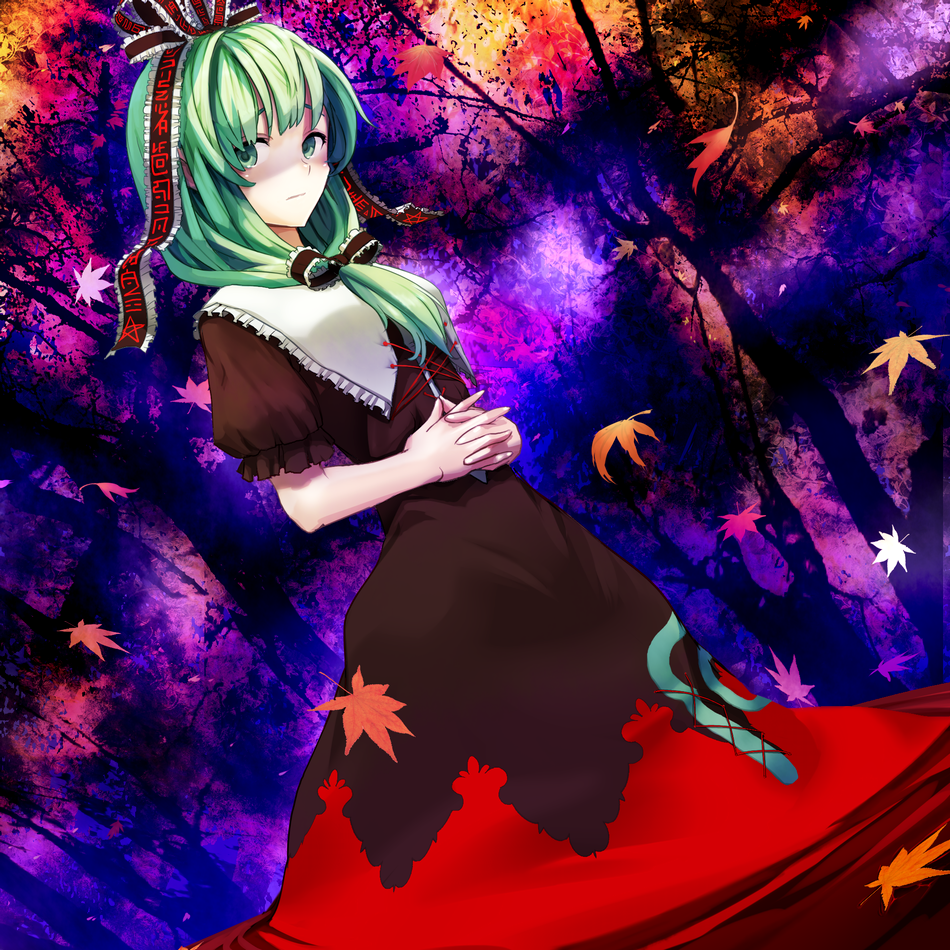 bad_id bow chirigami-san dress forest front_ponytail green_eyes green_hair hair_bow hair_ribbon hands_clasped interlocked_fingers kagiyama_hina leaf looking_at_viewer maple_leaf nature ribbon sad shaded_face short_hair solo standing touhou tree