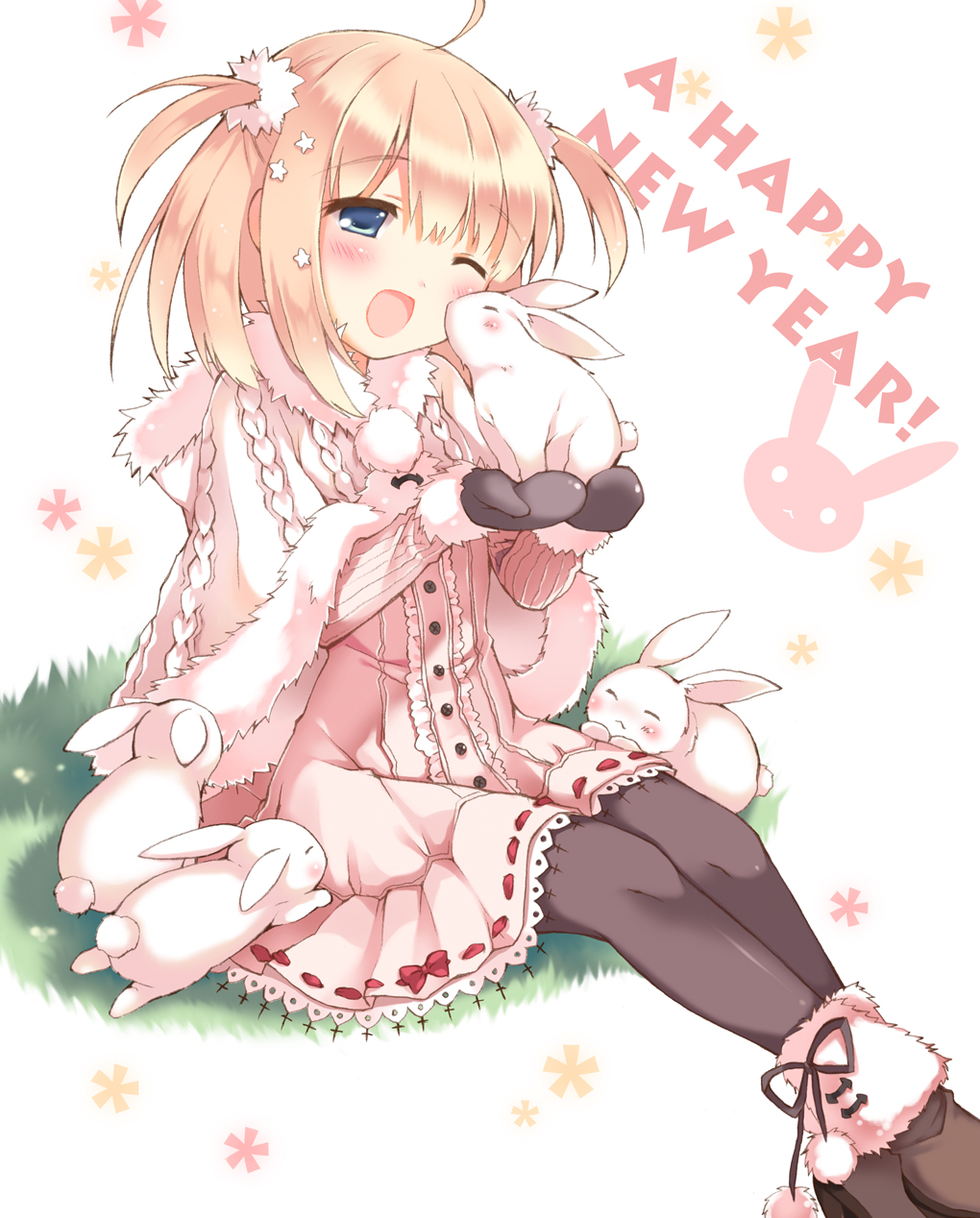 :d ;d blonde_hair blue_eyes blush bunny dress fur_trim hair_ornament happy highres mittens new_year open_mouth original pan_(mimi) pantyhose rabbit short_hair sitting smile solo star twintails wink