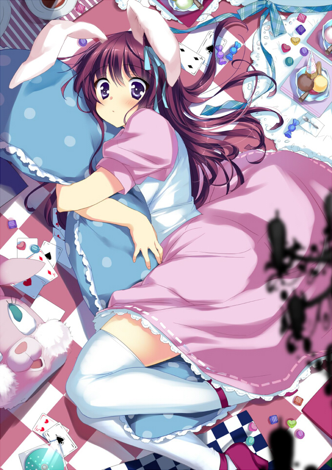 bad_id booch bunny bunny_ears card dress hug long_hair lying_card original pillow pillow_hug plush purple_eyes purple_hair rabbit solo thigh-highs thighhighs violet_eyes