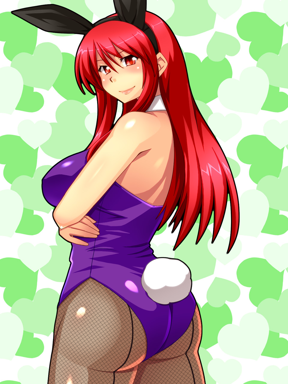 ass bare_shoulders breasts bunny_ears bunny_tail bunnysuit crossed_arms fishnet_pantyhose fishnets highres long_hair looking_back nokoppa original pantyhose red_eyes red_hair redhead smile solo tail