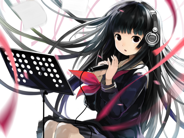 bad_id black_eyes black_hair blackeyes enma_ai headphones holding jigoku_shoujo long_hair looking_at_viewer lowres microphone music_stand nauribon open_mouth school_uniform serafuku sitting skirt solo very_long_hair