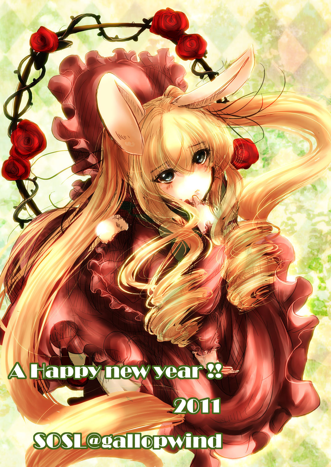 2011 :&lt; animal_ears blonde_hair blue_eyes bonnet bunny_ears dress drill_hair flower highres long_hair new_year red_rose rose rozen_maiden shinku solo twintails very_long_hair yuki_hikari