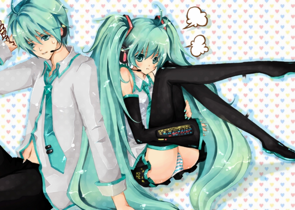 akikawa_eiri aqua_eyes aqua_hair bad_id boots detached_sleeves genderswap hatsune_miku hatsune_mikuo headset long_hair navel necktie panties sitting skirt striped striped_panties thigh-highs thigh_boots thighhighs twintails underwear very_long_hair vocaloid