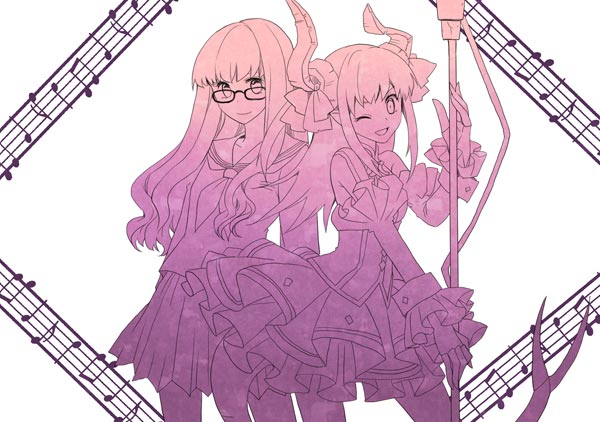 2girls fate/extra fate/extra_ccc fate_(series) female_protagonist_(fate/extra) glasses horns lancer_(fate/extra_ccc) multiple_girls musical_note nomoc polearm spear tail weapon wink