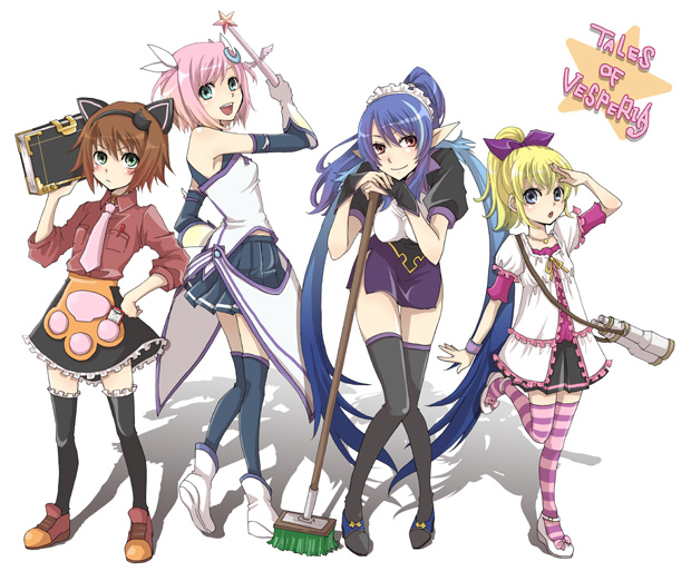 alternate_costume animal_ears blonde_hair blue_eyes blue_hair book cat_ears estellise_sidos_heurassein hair_ornament hairband judith kawamura_raichi long_hair maid maid_headdress multiple_girls patty_fleur pink_hair pointy_ears ponytail red_eyes rita_mordio short_hair skirt striped striped_legwear striped_thighhighs tales_of_(series) tales_of_vesperia thigh-highs thighhighs title_drop white_background zettai_ryouiki