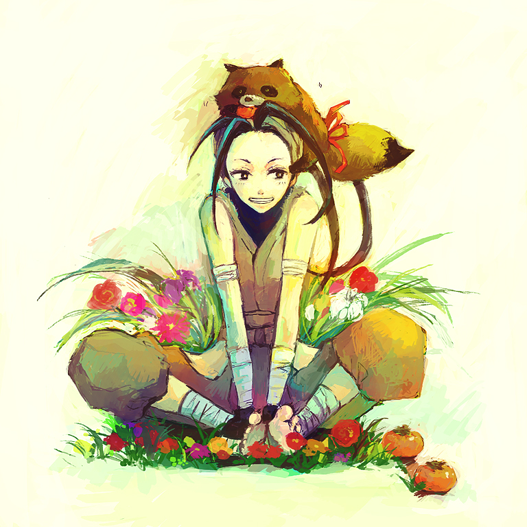 bandage bandages barefoot black_eyes black_hair dirty_feet don_(street_fighter) eating feet flower food fruit grin ibuki smile street_fighter tanuki toeless_socks toes urr wrist_wraps