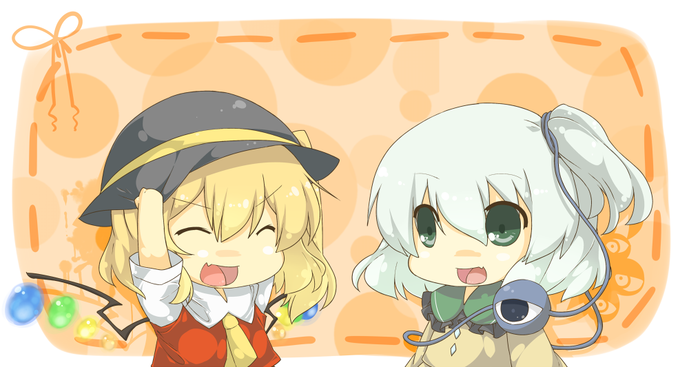 &gt;:) &gt;:d 2girls :d ^_^ alternate_hairstyle ascot bad_id blonde_hair bow chibi closed_eyes eiri_(eirri) eyeball fang flandre_scarlet green_eyes hat hat_bow hat_removed hat_switch headwear_removed headwear_switch highres komeiji_koishi multiple_girls open_mouth side_ponytail silver_hair smile sun_hat third_eye touhou wings