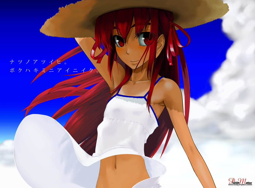 dress eyebrows flat_chest hat midriff navel red_eyes red_hair redhead solo sun_hat sundress tan tanline thick_eyebrows wind_lift yamamoto_canponi
