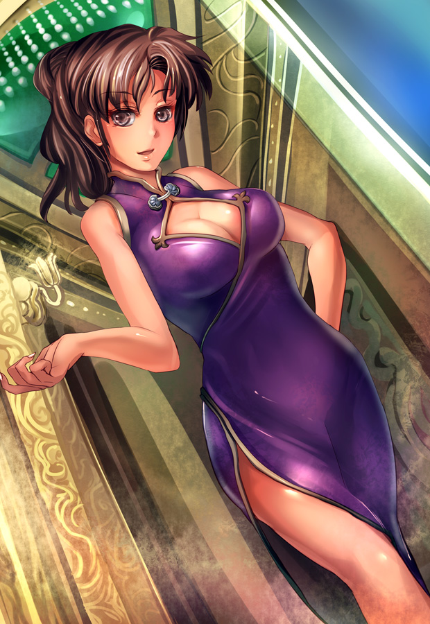 1girl bare_shoulders breasts brown_eyes brown_hair china_dress chinese_clothes cleavage cleavage_cutout curvy female hand_on_hip hips large_breasts long_hair open_mouth original ponytail side_slit solo suoni_(deeperocean)