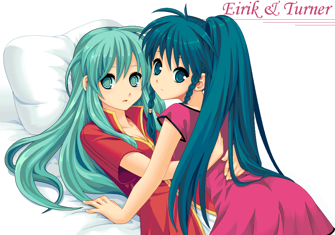 aqua_eyes aqua_hair blue_eyes blue_hair braid character_name character_request eirika fire_emblem fire_emblem:_seima_no_kouseki fire_emblem_sacred_stones girl_on_top hands hetano_yoko_sukii hug long_hair looking_back lying multiple_girls on_back pegasus_knight pillow pixel_art princess side_ponytail tana twin_braids very_long_hair yuri