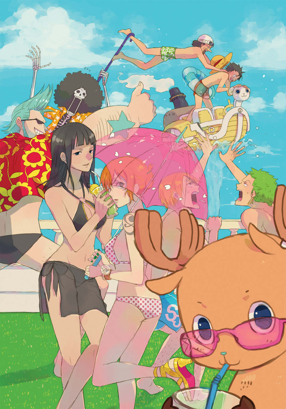 black_hair blonde_hair blue_eyes breasts briefs brook cherry_blossoms cleavage cloud clouds everyone franky going_merry green_hair hawaiian_shirt highres icha long_hair monkey_d_luffy nami nico_robin o-ring_top one_piece orange_hair petals polka_dot polka_dot_bikini polka_dot_swimsuit roronoa_zoro sakura_petals sarong sky sunglasses swim_trunks swimsuit tony_tony_chopper underwear usopp ussopp