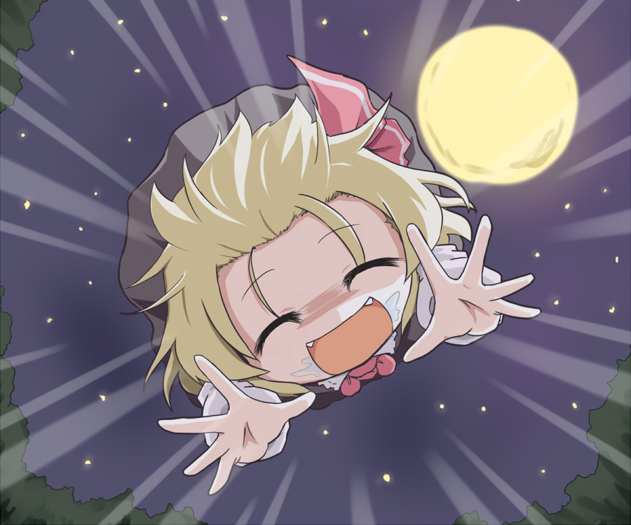 :d ^_^ aratami_isse blonde_hair chibi closed_eyes emphasis_lines eyes_closed fangs full_moon moon night open_mouth outstretched_arms outstretched_hand rumia saliva smile solo the_embodiment_of_scarlet_devil touhou youkai