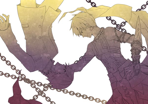 2boys chain enkidu_(weapon) fate/extra fate/extra_ccc fate_(series) gilgamesh male_protagonist_(fate/extra) multiple_boys nomoc school_uniform