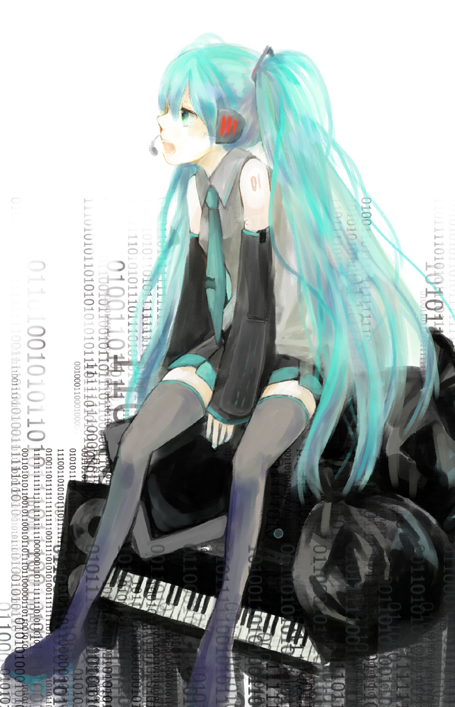 aqua_eyes aqua_hair bad_id binary boots detached_sleeves hatsune_miku headset instrument karashi_(pc16g) long_hair necktie piano sitting skirt solo thigh-highs thigh_boots thighhighs twintails very_long_hair vocaloid