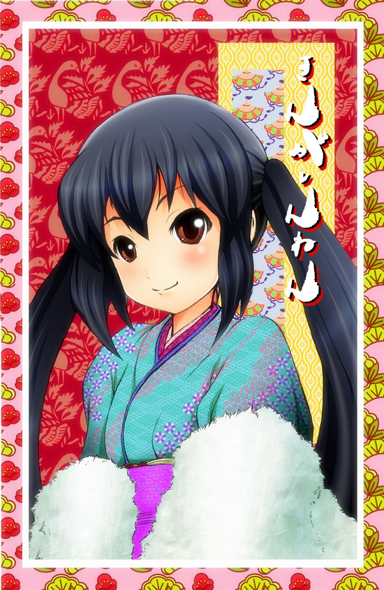 brown_eyes japanese_clothes k-on! kimono long_hair nakano_azusa twintails umasan