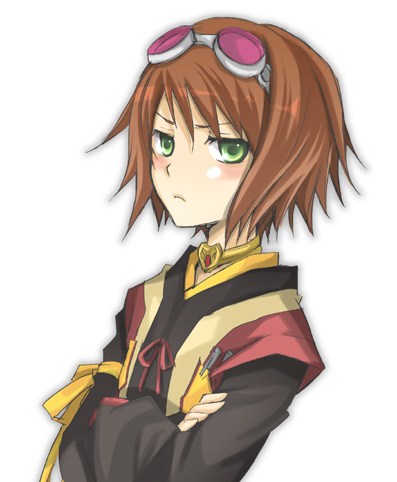 blush brown_hair bust crossed_arms frown goggles goggles_on_head green_eyes kawamura_raichi lowres rita_mordio short_hair solo tales_of_(series) tales_of_vesperia white_background