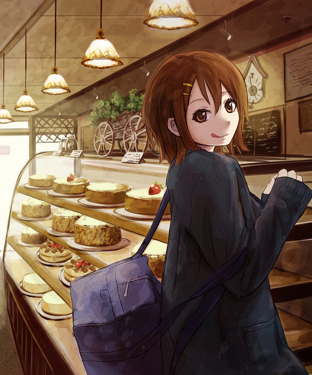 :q artist_request brown_hair cake food highres hirasawa_yui k-on! same_2009 school_uniform short_hair tongue