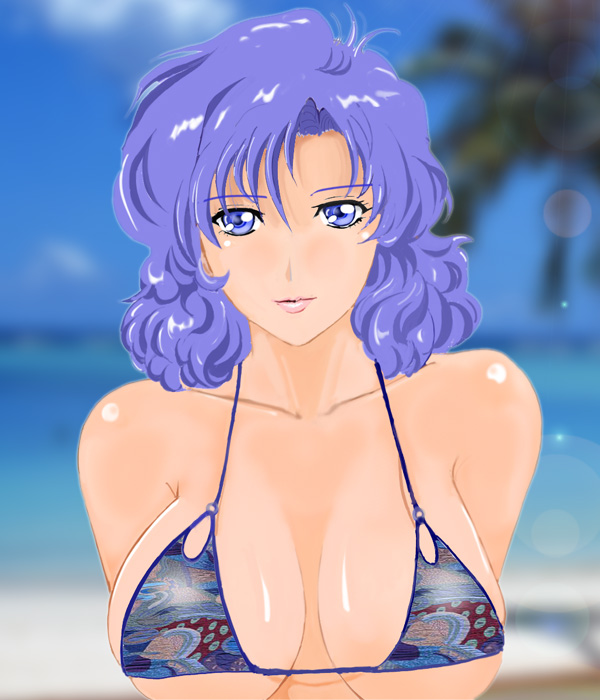 bikini breasts bust curly_hair gundam large_breasts momio_(judoroux) o-ring_top purple_eyes purple_hair rosamia_badam shiny shiny_skin string_bikini swimsuit violet_eyes zeta_gundam