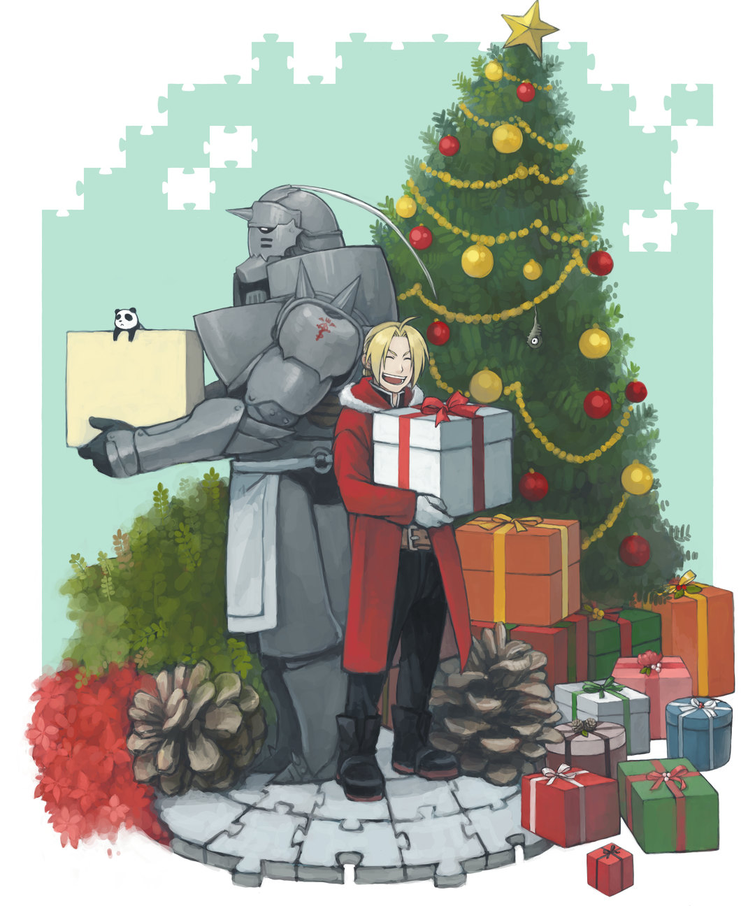 animal armor blonde_hair christmas christmas_tree cloak closed_eyes coat edward_elric envy_(fma) eyes_closed faux_figurine fullmetal_alchemist gift highres holding holding_gift hood mukuo open_mouth panda smile star xiao-mei