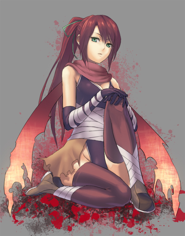 elbow_gloves gloves green_eyes mismi ragnarok_online red_hair redhead scarf sitting thigh-highs thighhighs