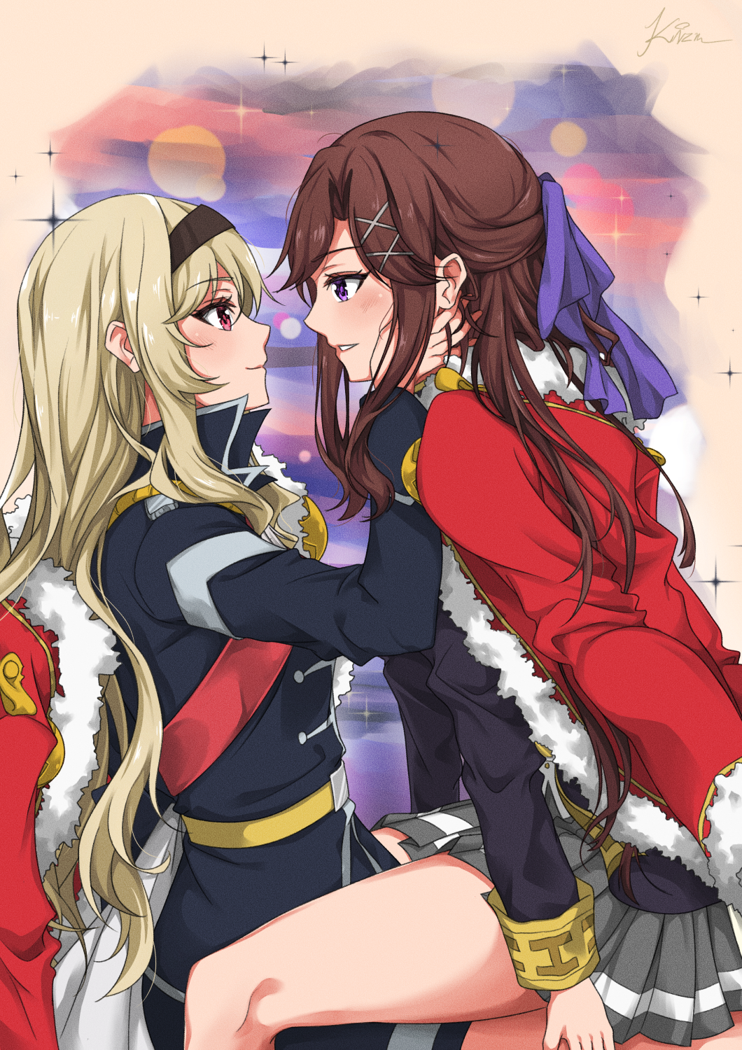 2girls bangs blonde_hair blush bow brown_hair cape commentary eye_contact eyebrows_visible_through_hair face-to-face fur_trim hair_bow hair_ornament hairband hands_on_another's_cheeks hands_on_another's_face highres jacket kizuchi_r long_hair looking_at_another multiple_girls open_mouth pleated_skirt red_eyes saijou_claudine shoujo_kageki_revue_starlight simple_background sitting sitting_on_lap sitting_on_person skirt smile tendou_maya violet_eyes x_hair_ornament yuri