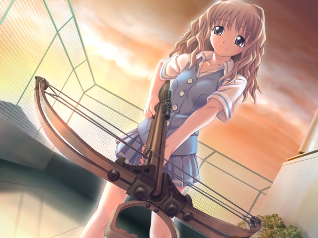 blonde_hair bow_(weapon) brown_eyes cross_channel crossbow game_cg long_hair matsuryuu pleated_skirt rooftop school_uniform skirt solo sunset weapon yamanobe_miki