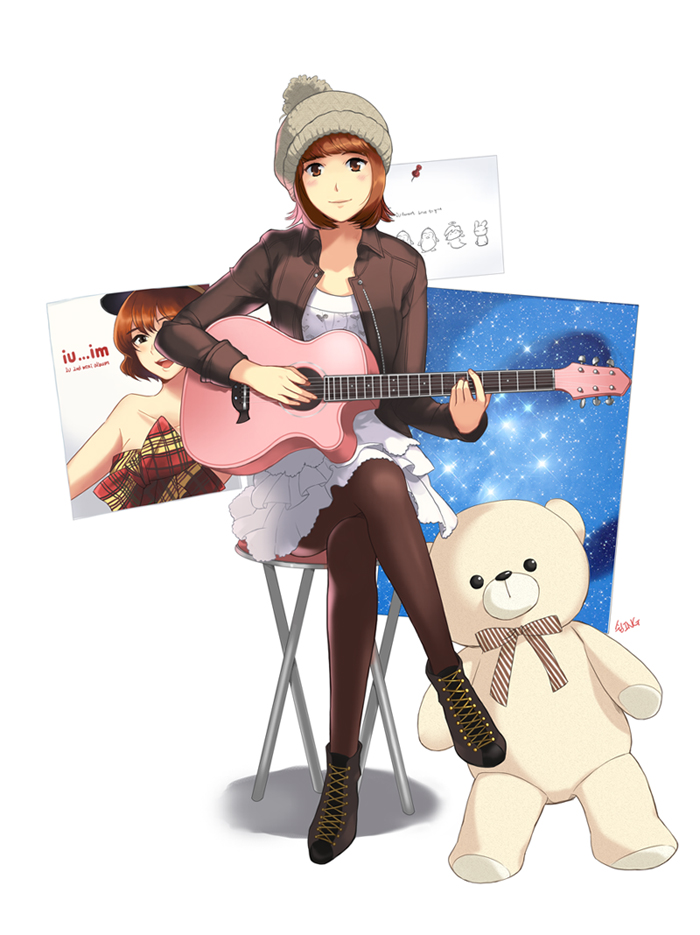 acoustic_guitar artist_request beanie brown_eyes brown_hair chair doll folding_chair guitar hat instrument iu_(singer) jacket original pantyhose ribbon sitting skirt smile stuffed_animal stuffed_toy teddy_bear thumbtack