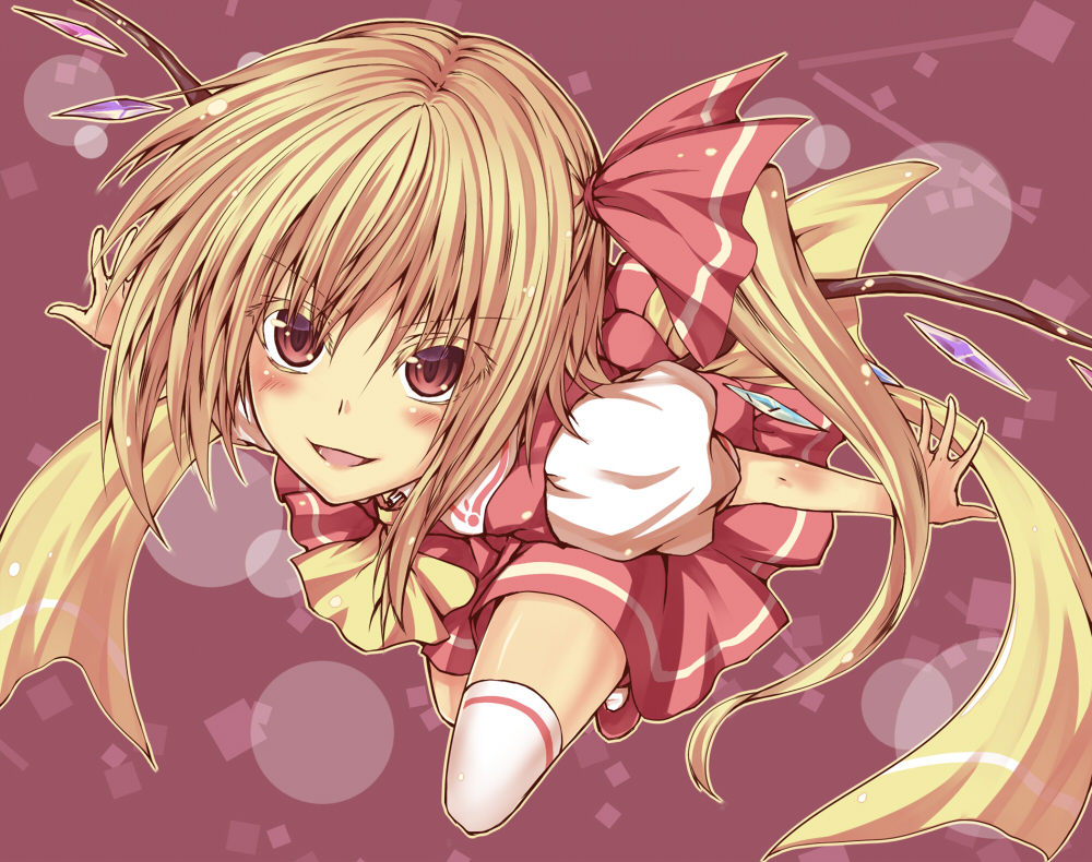 &gt;:) blonde_hair colored_eyelashes flandre_scarlet flying from_above hair_ribbon long_hair oukawa_yuu outstretched_arms red_eyes ribbon side_ponytail smile solo spread_arms thigh-highs thighhighs touhou wings