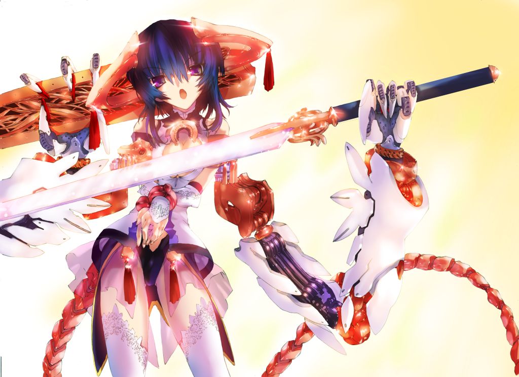 blue_hair gloves mecha_musume original purple_eyes short_hair solo sword tail thigh-highs thighhighs violet_eyes weapon zen99