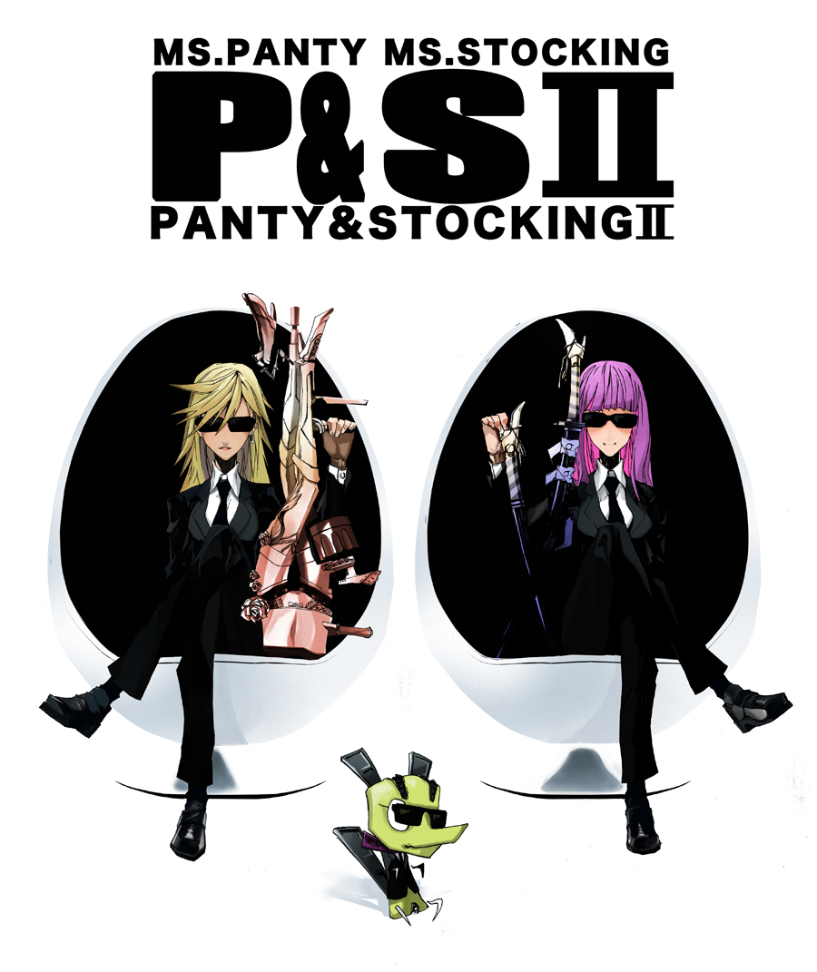 bad_id blonde_hair chair chuck chuck_(psg) english flower formal gun katana men_in_black mib mom_(character) necktie pant_suit panties panty_&amp;_stocking_with_garterbelt panty_(character) panty_(psg) parody pink_rose purple_hair rose stocking_(character) stocking_(psg) stripes_i_&amp;_ii suit sunglasses sword text thigh-highs thighhighs underwear weapon