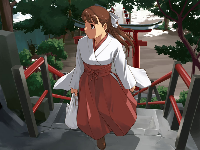 bow brown_eyes brown_hair hair_bow japanese_clothes miko original ponytail railing shopping_bag solo stairs torii yizumi