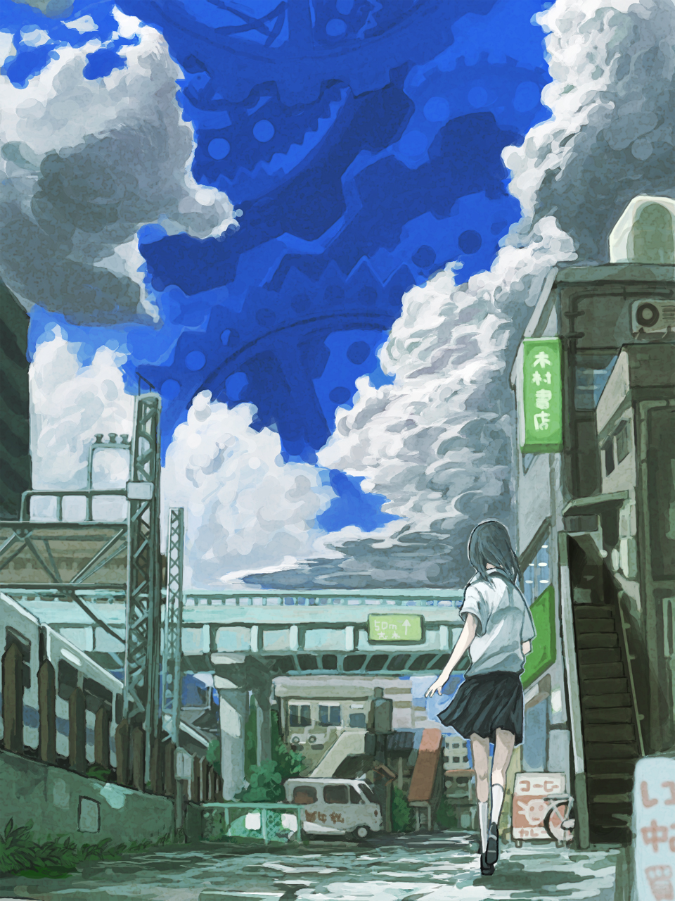 black_hair bridge cloud clouds footwear from_behind gears highres kneehighs mo-mo-ride original school_uniform skirt sky socks solo stairs walking white_legwear white_socks