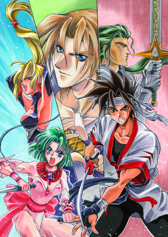 3boys 90s angry armor battle_arena_toshinden blonde_hair blue_eyes bow brown_hair clenched_teeth dagger duke_b_rambert duke_b_rambert_(battle_arena_toshinden) earrings eiji_shinjo eiji_shinjo_(battle_arena_toshinden) ellis_(battle_arena_toshinden) gloves green_eyes green_hair jewelry kayin_amoh kayin_amoh_(battle_arena_toshinden) leotard long_hair multiple_boys multiple_girls necklace open_mouth ponytail ribbon see-through short_hair shuri_yasuyuki sofia sofia_(battle_arena_toshinden) sword weapon wrist_cuffs yasuyuki_syuri