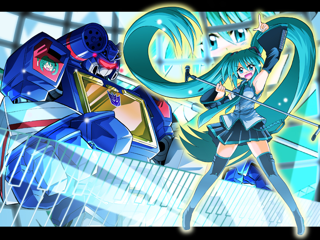 arm_up crossover decepticon decepticons detached_sleeves emblem gikogakodo glowing glowing_eye green_hair hatsune_miku letterboxed long_hair microphone microphone_stand necktie open_mouth soundwave thighhighs transformers very_long_hair vocaloid wakabayashi_makoto