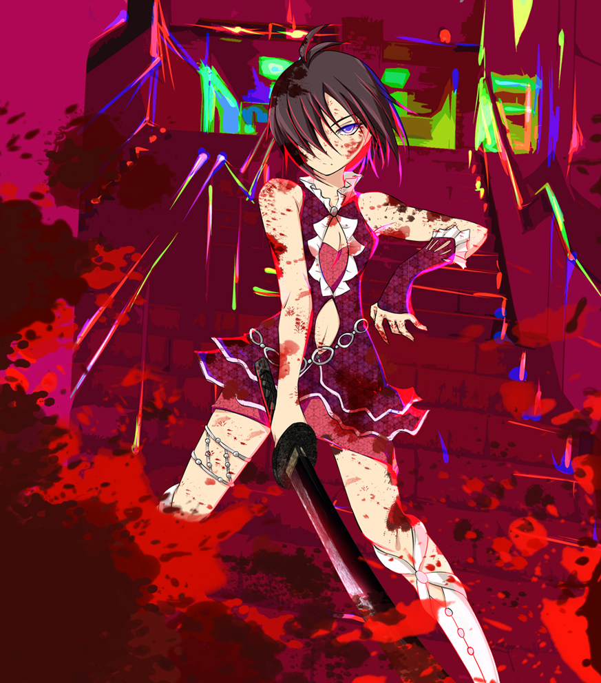 ahoge akenoin akenoin_soumon bad_id bare_shoulders black_hair blood blood_on_face blood_splatter dress fingerless_gloves frown gloves hair_over_one_eye idolmaster idolmaster_2 kikuchi_makoto navel purple_eyes short_hair single_glove solo stairs sword thigh_strap violet_eyes weapon