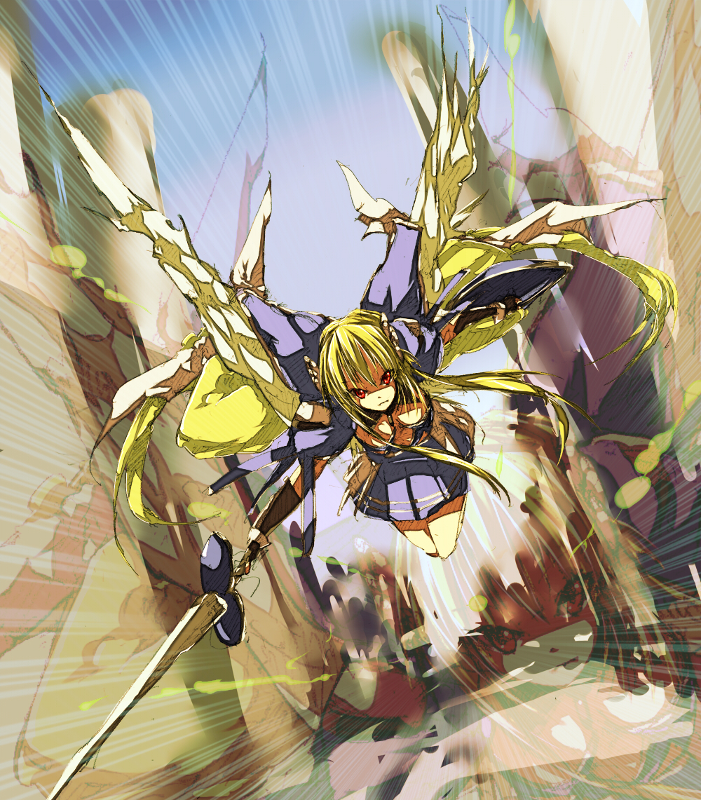 astraea blonde_hair chain chains collar dutch_angle flying long_hair page red_eyes shield solo sora_no_otoshimono sword very_long_hair weapon wings zoom_layer