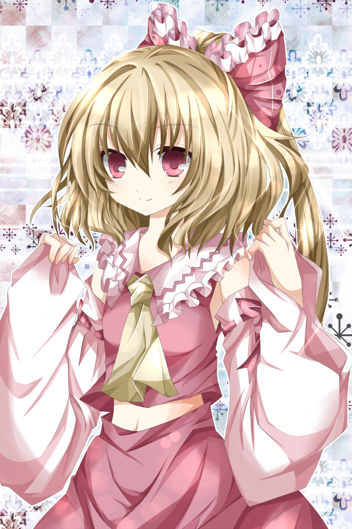 bad_id blonde_hair blush bow cosplay detached_sleeves flandre_scarlet hair_bow hakurei_reimu hakurei_reimu_(cosplay) japanese_clothes long_hair miko nanase_nao ponytail red_eyes ribbon short_hair smile solo the_embodiment_of_scarlet_devil touhou