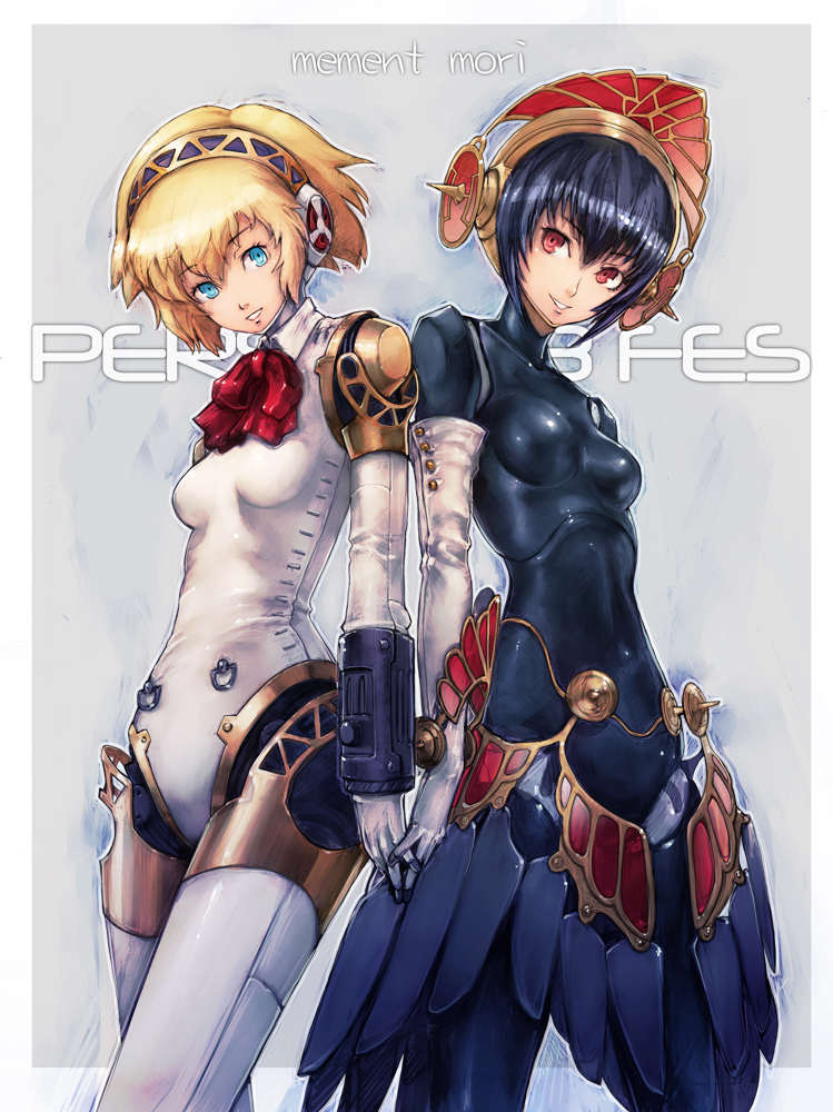 aegis android black_hair blonde_hair blue_eyes bow boyaking metis multiple_girls persona persona_3 red_eyes short_hair