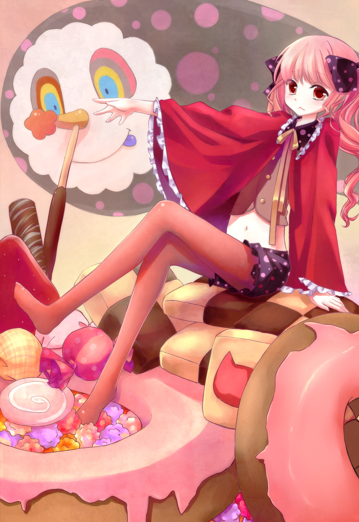 candy cape charlotte_(madoka_magica) checkerboard_cookie chocolate cookie crossed_legs doughnut food fruit hair_ribbon legs_crossed long_hair magical_girl mahou_shoujo_madoka_magica outstretched_arm outstretched_hand pantyhose personification pink_hair pocky puffy_sleeves red_eyes red_legwear ribbon sitting skirt strawberry sweets tsukimiya_kamiko twintails