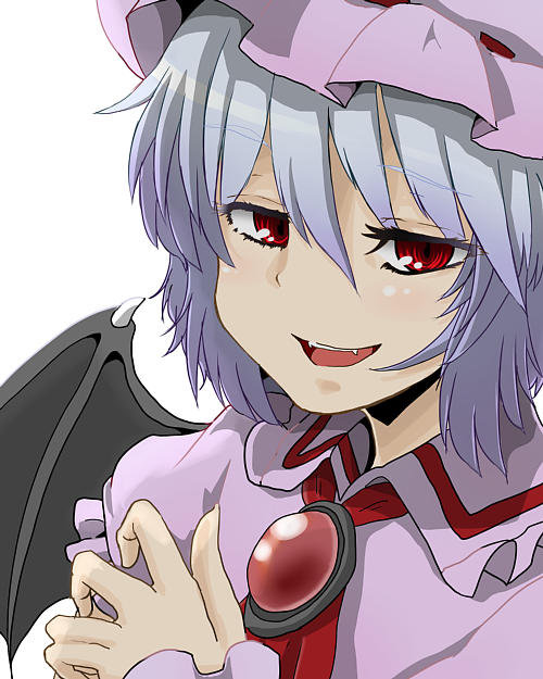 bad_id bat_wings blue_hair close-up fang hat jewelry nicu_(nicutoka) red_eyes remilia_scarlet simple_background smile solo touhou wings