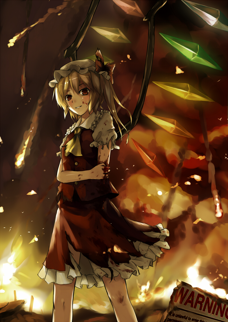 amputee ascot bad_id blonde_hair blood blood_on_face blood_stain blood_stains bow fire flandre_scarlet hair_bow hat injury looking_at_viewer looking_down red_eyes short_hair side_ponytail sign smile solo torn_clothes touhou wings xiao_qiang_(overseas)
